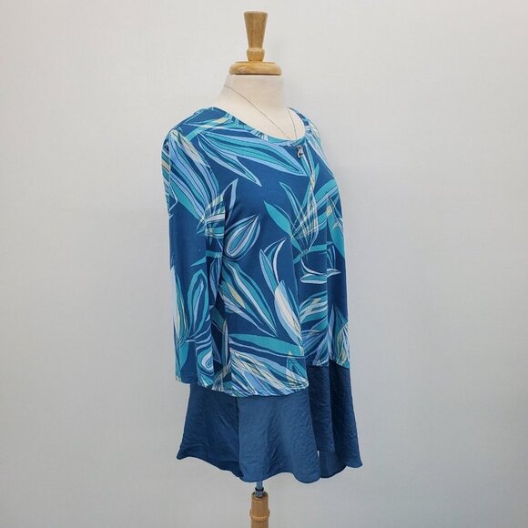 LOGO By Lori Goldstein Womens Satin Hem Tunic Top Size M Blue Printed Asymmetric - Picture 2 of 16